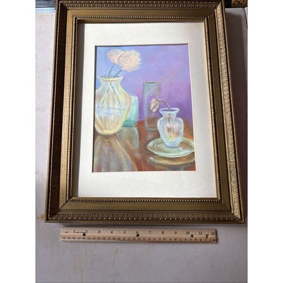 Signed Vintage Framed Pastel: Purple Floral Still Life - Picture 1 of 8
